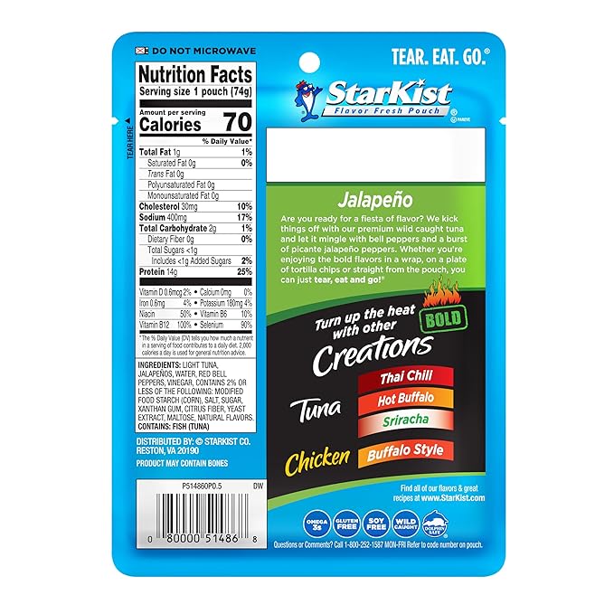 StarKist Tuna Creations BOLD Jalapeño Pouch (2.6 oz - 12 Pack) Wild Caught, High Protein Shelf Stable Seafood, Gluten Free, Soy Free, No Draining, Ready to Eat for Salads and Sandwiches