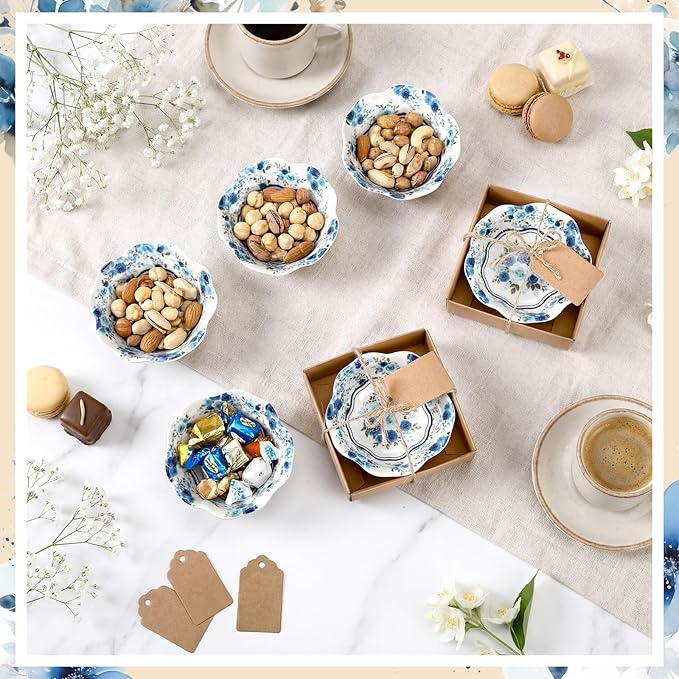 SiliFine 24 Pcs Wedding Favors for Guests Small Ceramic Bowl Bulk Gifts Set 3.3 Inch Floral Design Mini Dipping Sauce Dish with Card Box for Bridal Pooja Baby Shower Birthday (Rose,Blue)