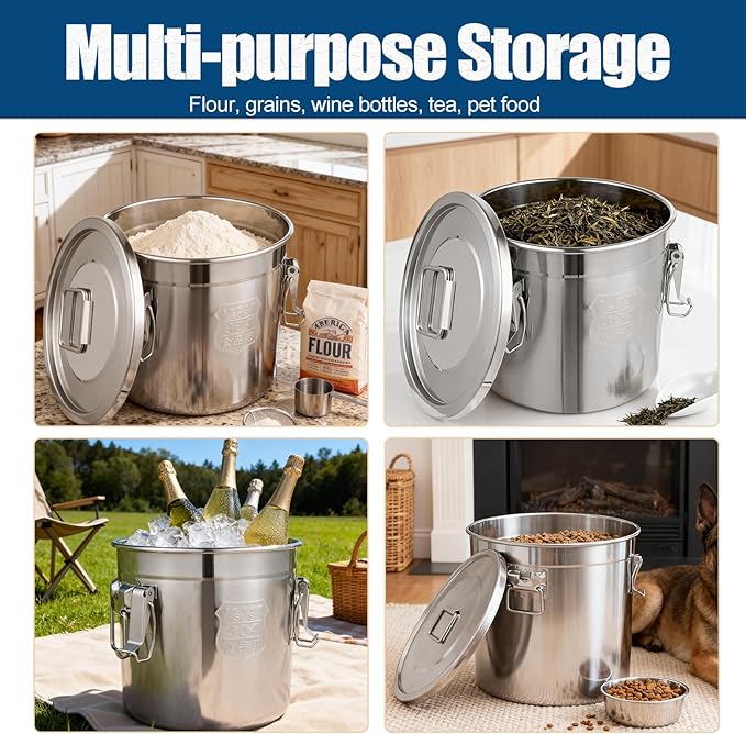 304 Stainless Steel Airtight Canister, 8.72Gal/33L Stainless Steel Airtight Food Storage Container with Lid and Lock Clips, Large Metal Storage Canister for Coffee Beans, Flour, Tea, Sugar, Cereals