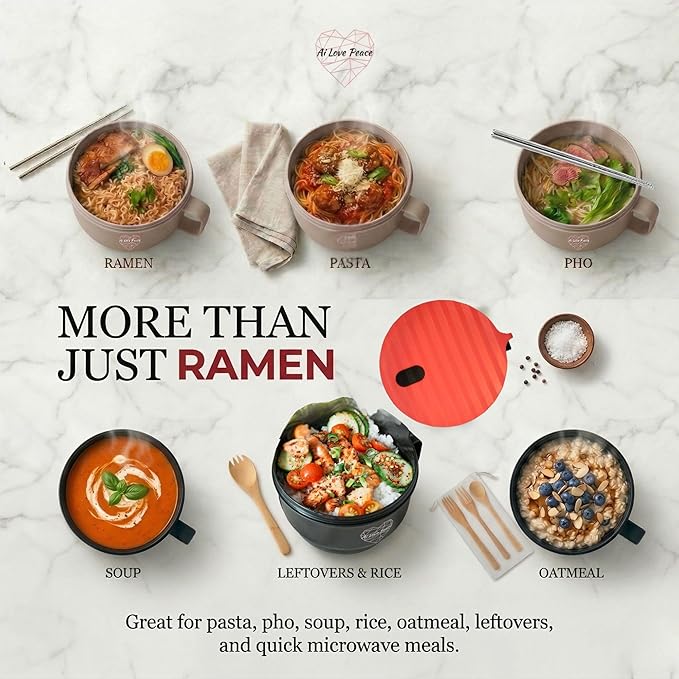AI LOVE PEACE Microwave Noodle Bowl Set of 2, 40 oz Ramen Bowls with Lids, Dishwasher Safe Soup Bowl for Ramen, Pho, Pasta, Rice, College Dorm Essentials (Beige & Red)