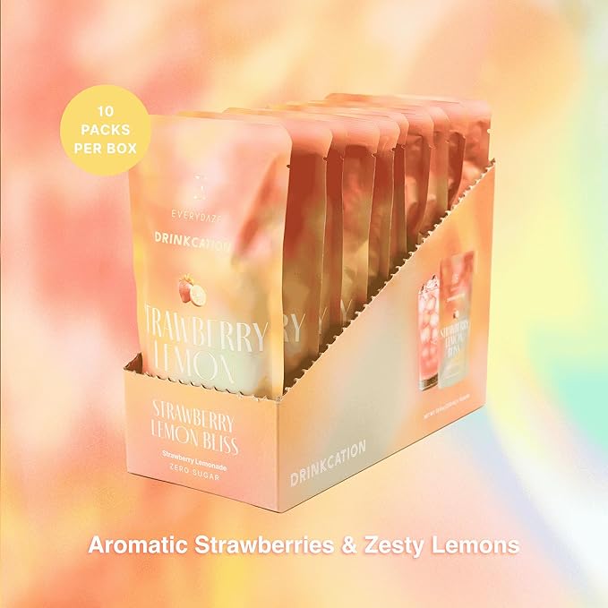 EVERYDAZE Drinkcation Zero Sugar Ready to Drink Fruit Ade with Real Fruit Concentrate | Korean Convenience Store Drink | 7.8 fl oz Pouches x (10 Pack), Low Calorie (Strawberry Lemon Bliss)
