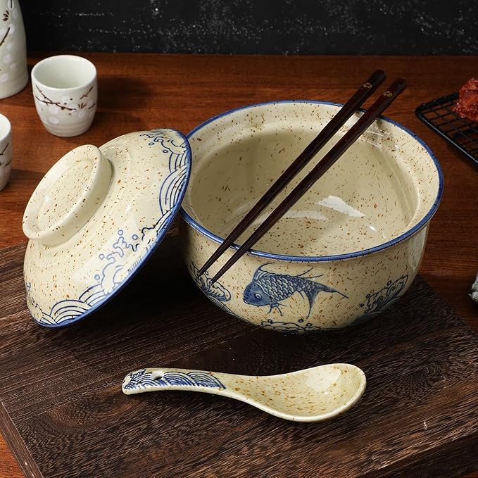Cabilock 2 Pieces Ceramic Ramen Bowls, 25 Oz Large Soup Bowl with Lid, Spoon Chopstick Japanese Tableware for Noodles, Salad, Rice, Microwave Dishwasher Korean Clay Pot - Fish
