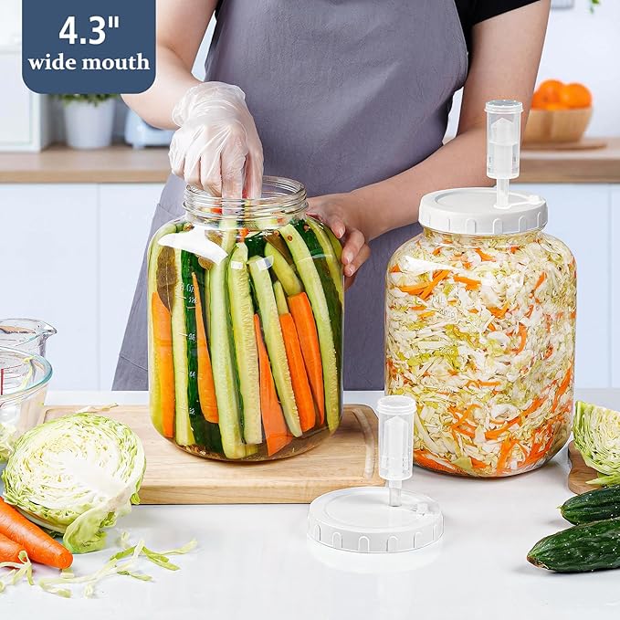 Folinstall 1.5 Gallon Large Fermentation Jars with 2 Airtight Lids and 3 Airlocks, Wide Mouth Glass Mason Jar with Scale Mark, Pickle jars, Mead Making Kit, Kimchi Containers, 2 Pack
