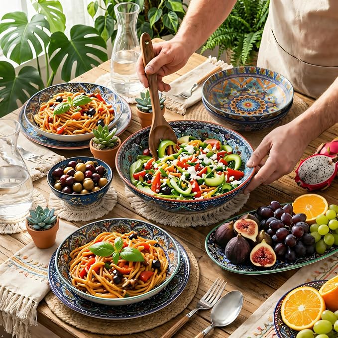 glowworm Pasta Bowls Set of 4, 42 oz Ceramic Salad Bowls for Kitchen, 9.7 Inch Colorful Serving Bowls for Soup, Dinner, Fruit, Dishwasher & Microwave Safe, Bohemian