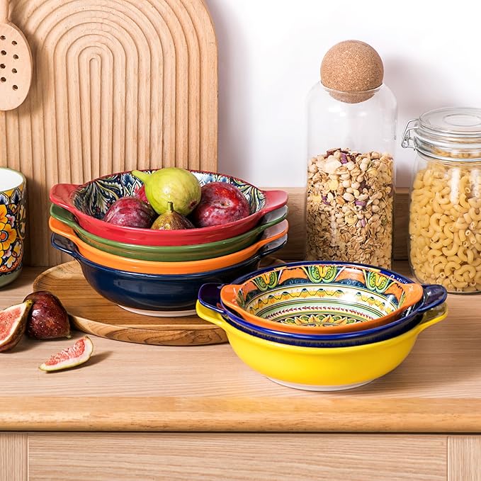 Henten Home Ceramic Cereal Bowls Set，25 oz Soup Bowls Set of 6, Colorful Serving Bowl with Handle for Kitchen, Microwave & Dishwasher Safe for Soup, Fruit, Pasta, Bohemian Style