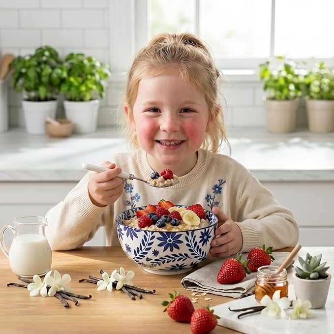 Cereal Bowls, 28 Ounce Ceramic Soup Bowls Set of 6, Bowl Set for Rice Salad Fruit Dessert Oatmeal Snack Ice Cream,Microwave & Dishwasher Safe, Bohemian Blue & White