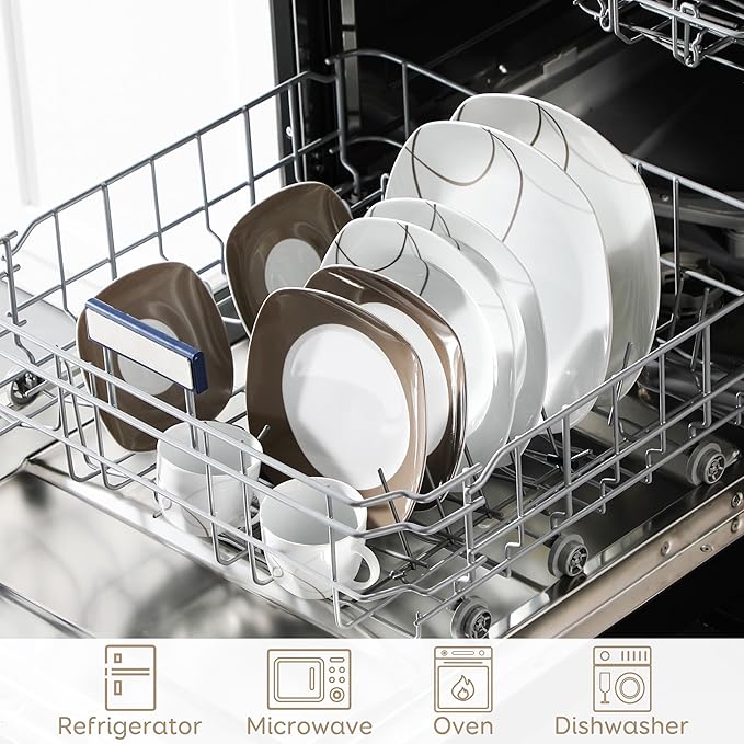 VEWEET 'Nikita' 30-Piece Dinner Set Ivory White Brown Lines Porcelain China Ceramic Combination Sets of Dessert Plates/Soup Plates/Dinner Plates/Cups/Saucers Service for 6