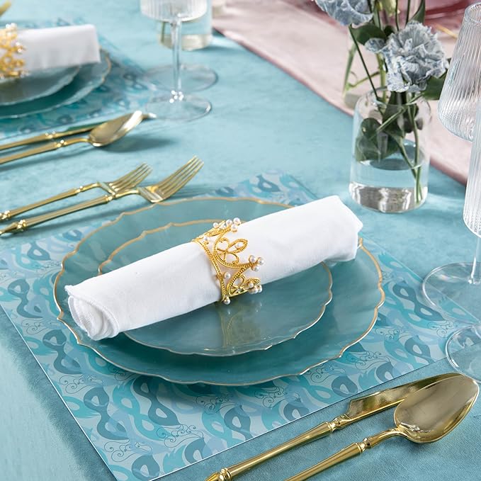 PLASTICPRO 96 Piece Aristocratic Pearl Blue Combo Plastic Dinner Plates Disposable Plastic Fancy Heavy Duty Party Dishes 48, 7'' inch and 48, 10'' inch, Pearl Blue With Gold Rim