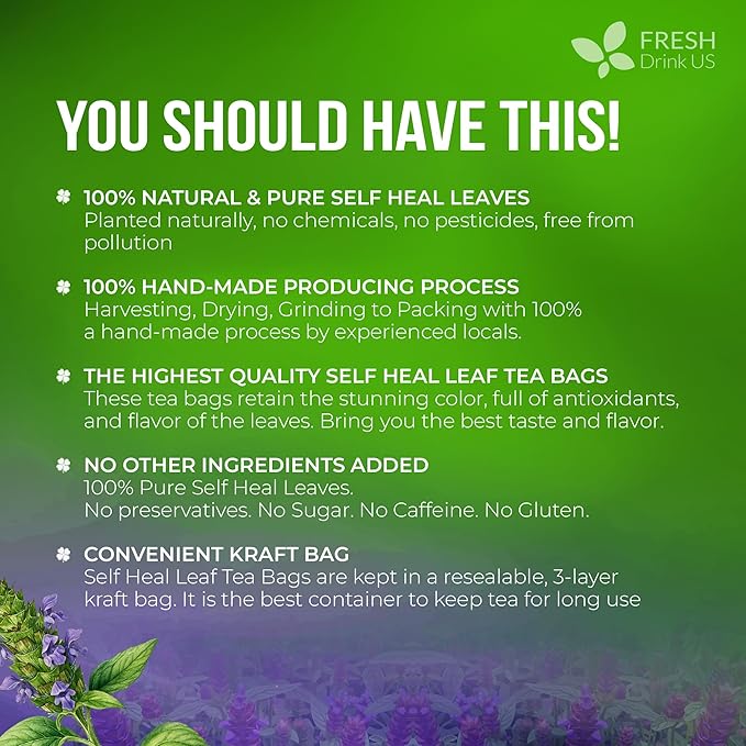 FreshDrinkUS, Premium Self Heal Leaves Tea | 75 Tea Bags | Premium Dried Self Heal Herb for Herbal Tea – Naturally Caffeine-Free, Clean & Convenient Tea Bags. Sugar-Free. Vegan