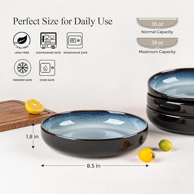 LERATIO Large Pasta Bowls,38oz Ceramic Pasta Bowls,8.5" Reactive Glaze Pasta Bowl Set of 4,Microwave & Dishwasher,Oven Safe,Wide Serving Bowls for Salad,Pasta,Fruit,Scratch Resistant