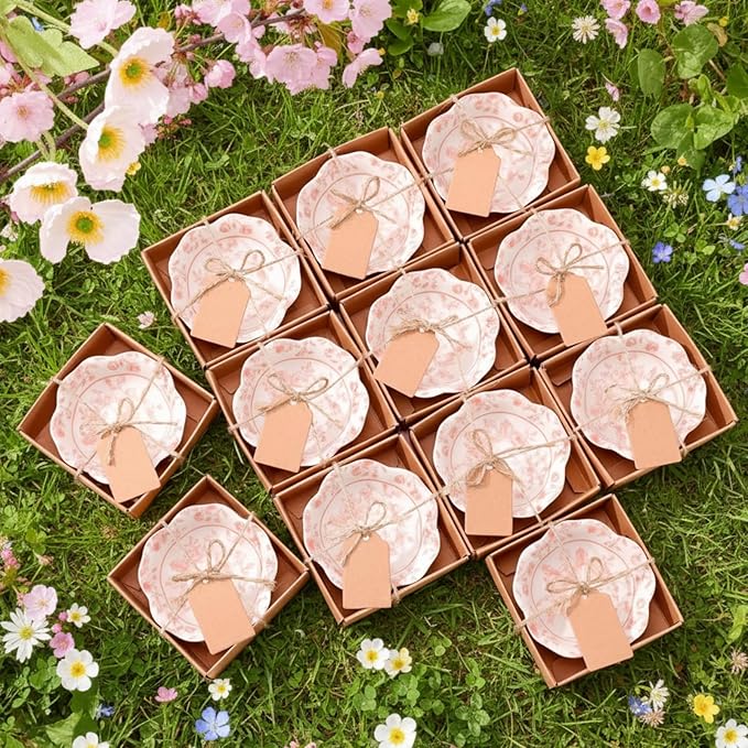 SiliFine 12 Pcs Wedding Favors for Guests Small Ceramic Bowl Bulk Gifts Set 3.3 Inch Floral Design Mini Dipping Sauce Dish with Card Box for Bridal Pooja Baby Shower Birthday (Flower,Pink)