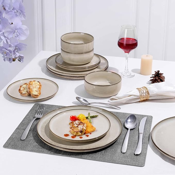 Herogo Ceramic 7.9 Inch Dinner Dessert Plates Set of 4, Small Stoneware Dinnerware Plate Set, Double Reactive Glaze Large Dinnerware Plates for Kitchen, Microwave, Oven & Dishwasher Safe, Cream Khaki
