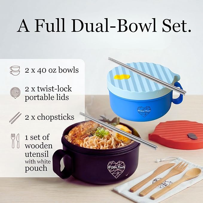 AI LOVE PEACE Ramen Bowls, 40 oz Large Microwavable Noodle Bowls (1 Blue, 1 Red) with Chopsticks, Sporks, and Utensil Bag, Portable Microwave Bowl for Home, Office, Dorm, or College Gift.