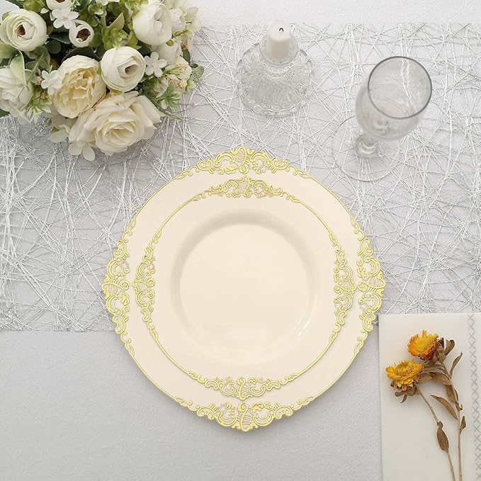 Efavormart 10 Pack | 8" Ivory and Gold Baroque Dessert Plates, Leaf Embossed Metallic Rim Heavy Duty Appetizer Plates for Vintage Shabby Chic Events