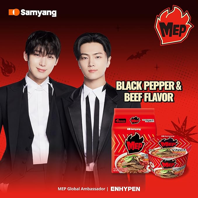 Samyang MEP Black Pepper Beef Ramen, Spicy Korean Instant Bowl Noodle Soup, Rich Bone Broth Ramyeon, Quick Microwave Meal, 3.88 oz (Pack of 6)