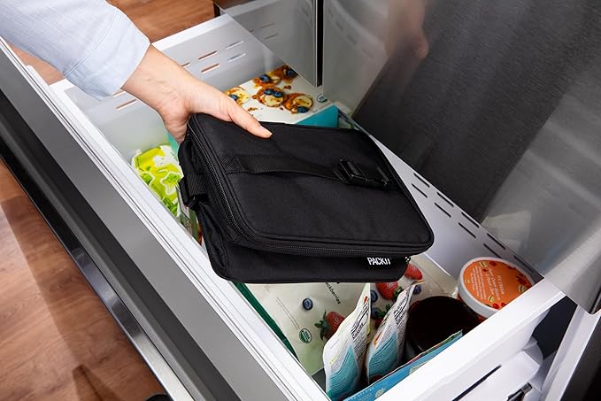 PackIt Freezable Essential Lunch Cooler, Black, Built with EcoFreeze Technology, Fully Freezable, Collapsible, Reusable, With Adjustable Crossbody Strap, Top Clip Handle, Designed for Fresh Office