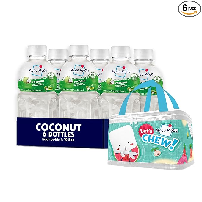 Mogu Mogu Coconut Juice Drink (6 Bottles) with Limited Edition Cooler Bag – Chewy Kids & Adults Drink with Nata de Coco | Fun Coconut Beverage | Ready to Drink Juice Set