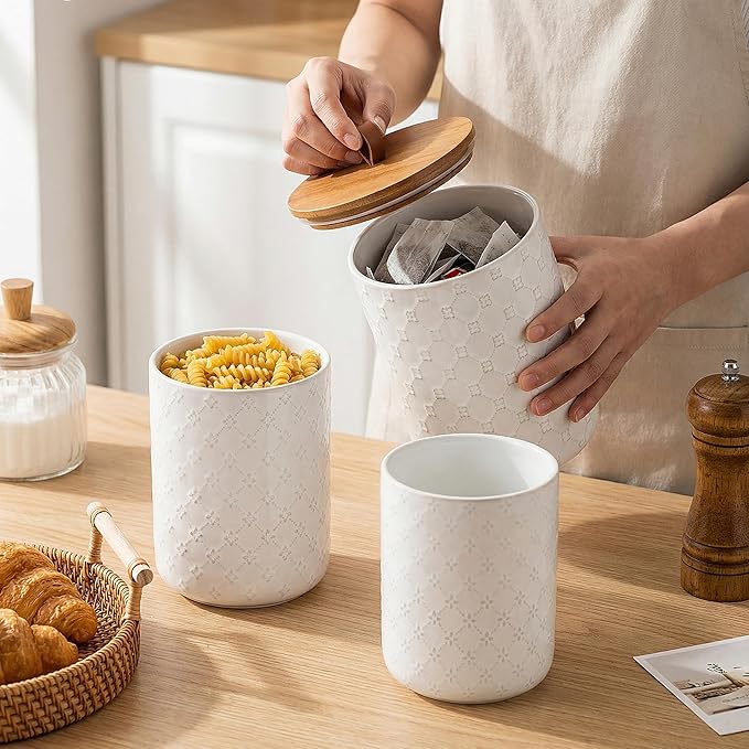 Ceramic Canisters Set with Airtight Lids, 82/48/30 oz Coffee Canisters Sets for the Kitchen, White Large Jars for Flour, Sugar, Pasta, Coffee, Cookies, Tea - Set of 3, Embossed Pattern