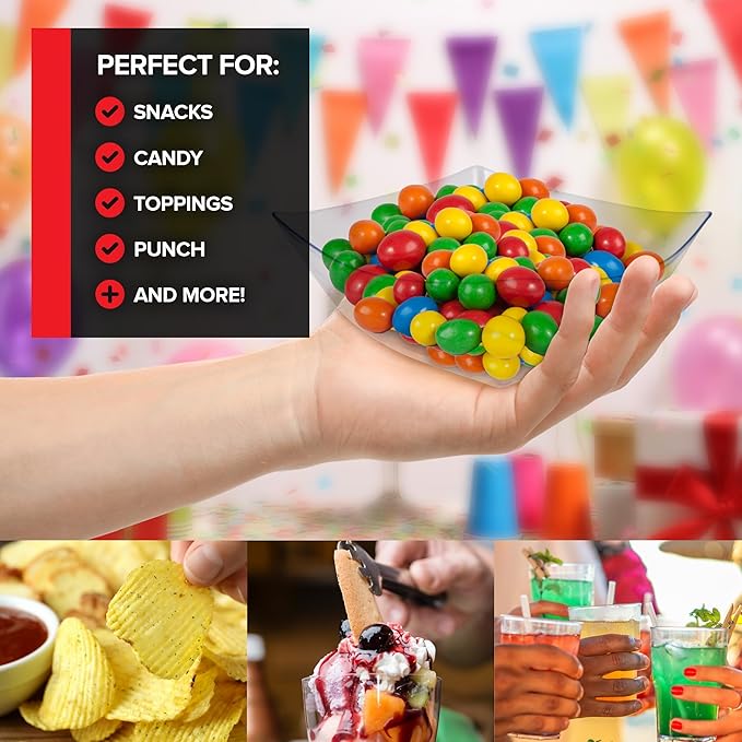 16oz Clear Plastic Serving Bowls (4 Pack) Small Disposable Candy Dishes, Square Plastic Buffet Containers for Chips, Snacks, Mints, Salad Bar, Snack Bowl Parties, Office, Bridal Shower, Party Supplies