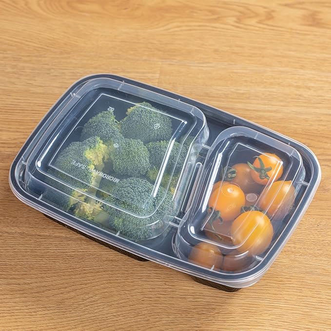 Professional 32oz Meal Prep Containers - 50-Pack (100 Pcs) 2-Compartment with Lids, Secure Seal, Microwave/Freezer/Dishwasher Safe - Bulk Black Food Storage