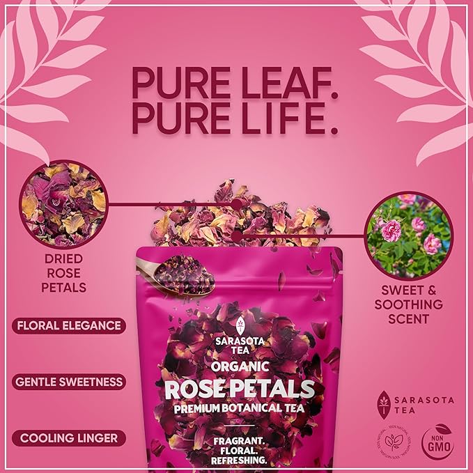 Organic Rose Petals Loose Herbal Tea | 100% USDA Organic Dried Rose Flowers | Caffeine-Free | Premium Culinary & Tea Grade | 4.4oz Bag | Floral & Aromatic | Non-GMO | Natural Beauty & Relaxation