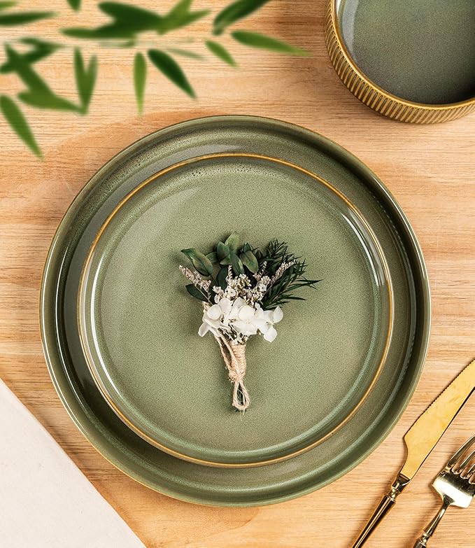 TheTerra Ceramic Dinnerware Sets for 4, 12 Pieces Porcelain Lightweight Plates and Bowls Sets, Scratch Resistant Dish Set, Oven & Microwave & Dishwasher Safe, Sage Umber