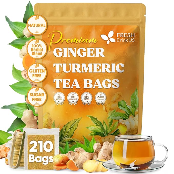 FreshDrinkUS, Premium 210 Ginger Turmeric Tea Bags, 100% Natural Ingredients, Hand-made Blend of Ginger and Turmeric Herbal Tea, Eco-conscious Tea Bags. No Sugar, No Caffeine, No Gluten, Vegan.