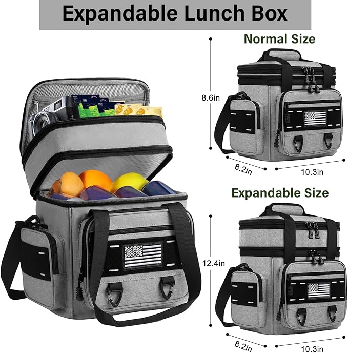 TENKIST Expandable Tactical Lunch Box, Large Insulated Lunch Cooler Bag Heavy Duty Leakproof Lunch Pail for Men Adults Work Office Outdoor Picnic Trips,16L,Grey