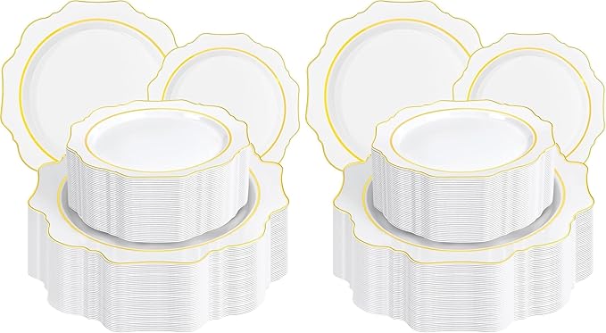 WDF 100PCS White and Gold Plastic Plates - Gold Disposable Plates - Include 50 Dinner & 50 Dessert Plate for Party - Heavy Duty Fancy Plastic Plate for Wedding/Thanksgiving/Bridal shower (Pack of 2)