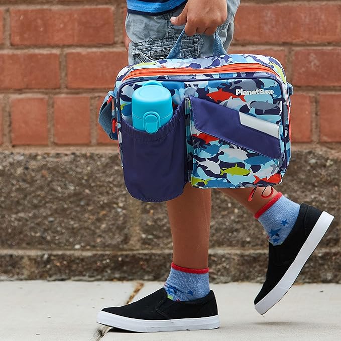 PlanetBox Insulated Lunch Bag – Camo Shark Edition Carry Bag with Pockets for Water Bottle and Snacks – Durable, Easy to Clean, and BPA Free