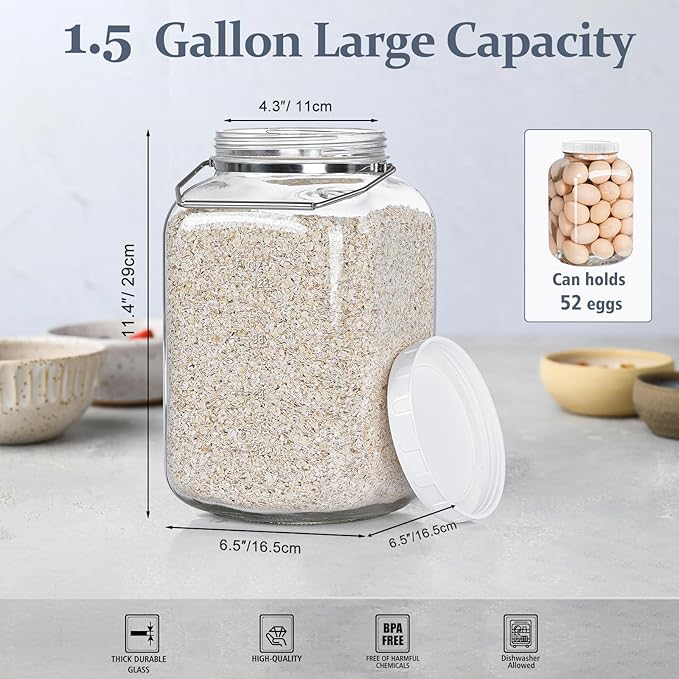 2 Pack 1.5 Gallon Glass Jar with Lid Wide Mouth, Large Mason Jar with Airtight Screw Lid and Handle, Clear Glass Storage Containers with 2 Scale Mark for Flour, Cookie, Candy, Kombucha and Fermention