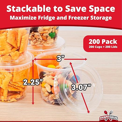 Leakproof BPA-Free 5.5 oz Souffle Cups and Lids 200 Pk. Stackable Portion Containers for Sampling, Salad Dressing, Sauces, Jello Shot. Plastic Food Prep Supplies for Restaurant Cafe Catering Deli.