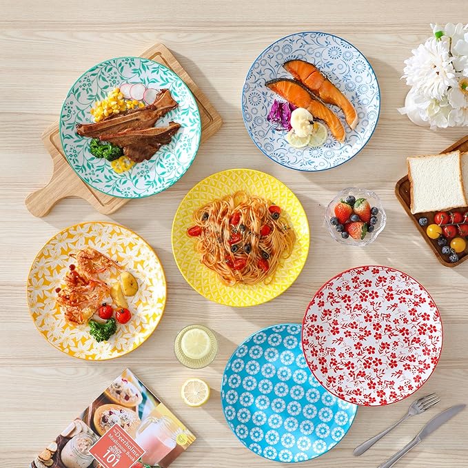 vancasso Ceramic Dinner Plates Set of 6, Large Vintage Plates 10.25 Inch Set of 6 for Kitchen, Porcelain Colorful Plates for Kitchen, Microwave Oven Dishwasher Safe, Vintage Gift, Pastel