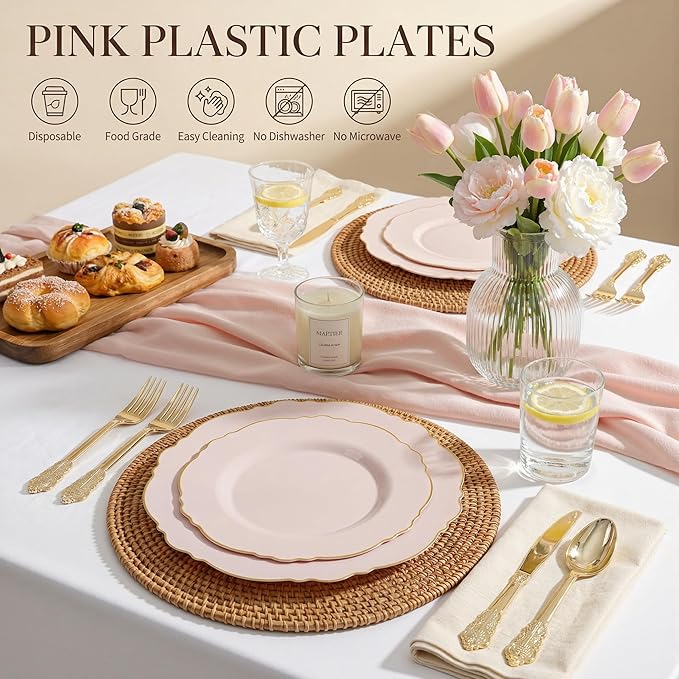 WDF 100pcs Pink Plastic Plates - High-end Baroque Design - Pink and Gold Plates - Including 50 Disposable Plate 10.25inch, 50Salad Plate 7.5inch for Wedding/Baby Shower/Spring/Birthday