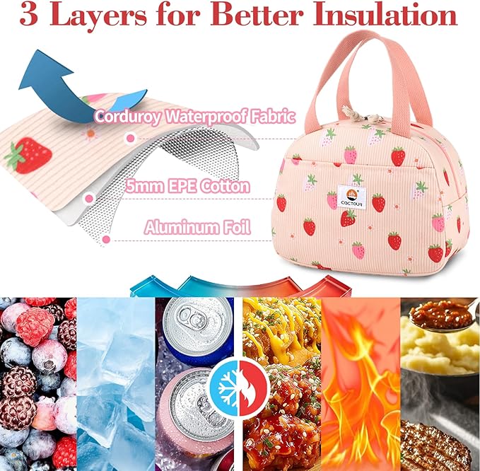 CaCTOUR Lunch Box for Women,Cute Lunch Box Cooler Bag, Portable Insulated Small Lunch Bag Women Reusable Corduroy Lunch Tote for Work/Travel/Picnic (Strawberry)