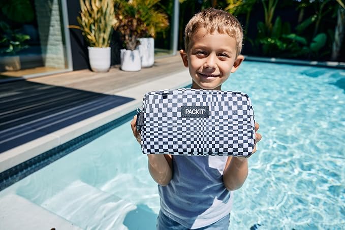 PackIt Freezable Small Insulated Snack Box, Checked Out, with EcoFreeze Technology (Built-in Ice Pack), Mini Cooler or Small Lunch Bag, For Fresh Snacks On the Go, for Work, Gym, or Travel