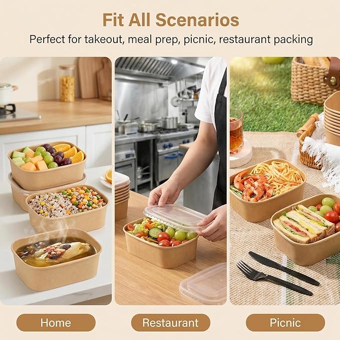 50 Pack Disposable Meal Prep Containers, 19oz Disposable Large Paper Bowls with Lids and Forks for Salad, Noodles, Freezer and Microwavable Storage Use Cardboard Food Containers