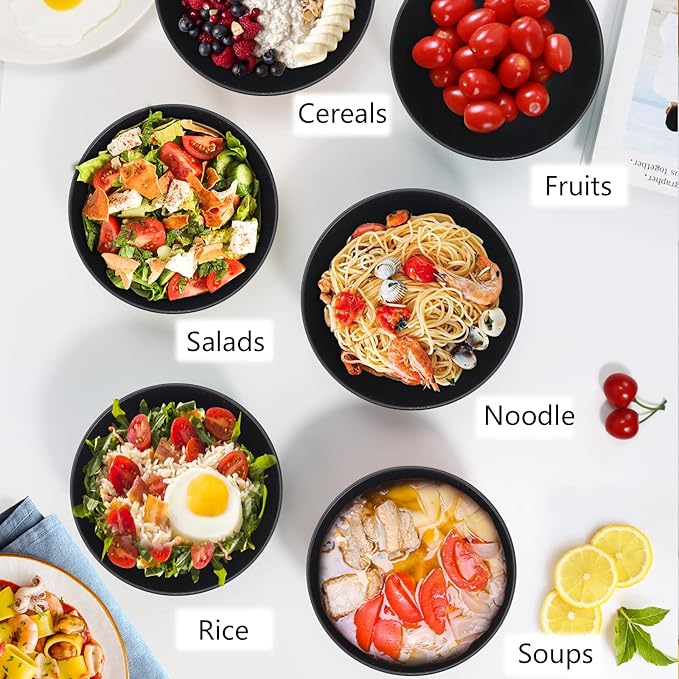 PYRMONT Unbreakable Cereal Bowl 26 OZ Alternative Plastic Bowls Reusable Wheat Straw Bowls Set of 8 Dishwasher & Microwave Safe Bowls for Kitchen,New Home Black Serving Bowls for Soup,Breakfast