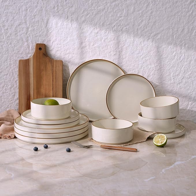 Famiware Nebula Plates and Bowls Sets, 24 Pieces Stoneware Dinnerware Sets, Microwave and Dishwasher Safe Dish Set, Dishware Sets for 8, Vanilla White with Brown Rim