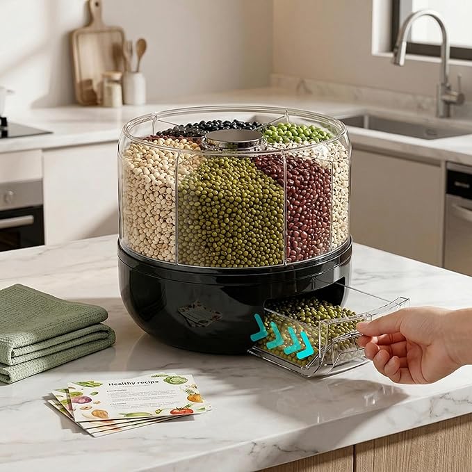 360° Rotating Grain Dispenser | 6-Grid Rice Dispenser with One-Click Dispensing | Airtight Cereal Container for Rice, Beans, Grains Storage (Black, Small)