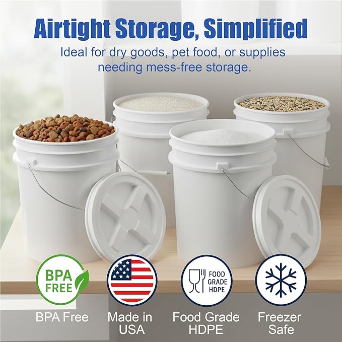 ePackageSupply 5 Gallon Bucket - Food Grade Bucket with Airtight Gamma Seal Screw-On Lid, BPA-Free, Heavy-Duty 90 Mil HDPE Plastic, Bulk Storage, Durable Container, Made in USA, White/White, 3 Packs