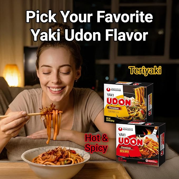 Nongshim Yaki Udon Hot & Spicy, Stir Fry Style Korean Inspired Noodles, Sweet and Spicy Sauce with Chewy Non Fried Noodles, Bold Flavor Noodle Dish, 8.64 oz (Pack of 10)