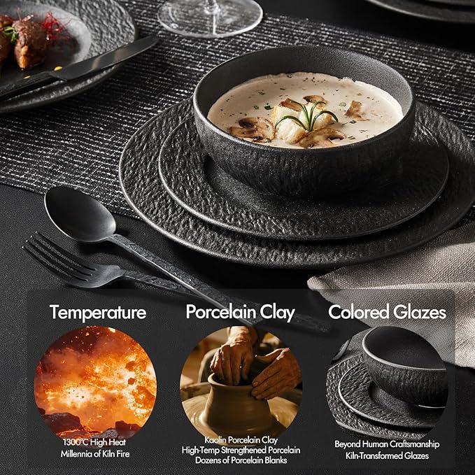 KINGSTONE Black Dinnerware Sets, 24-Piece Matte Marble Pattern Premium Porcelain, Place Setting with Dinner Plate, Salad Plate, Pasta Bowl, Microwave and Dishwasher Safe