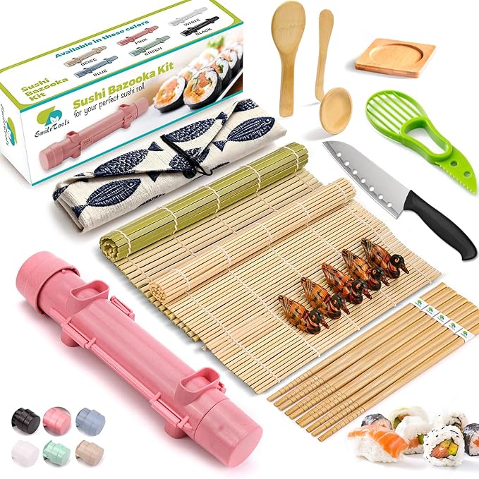 SmileTools Sushi Making Kit For Beginners - 22 Piece DIY Sushi Roller Kit with Bamboo Sushi Rolling Mat, Sushi Bazooka, Chef's Knife, Chopsticks, Holder - Best Starter Sushi Kit (Pink)