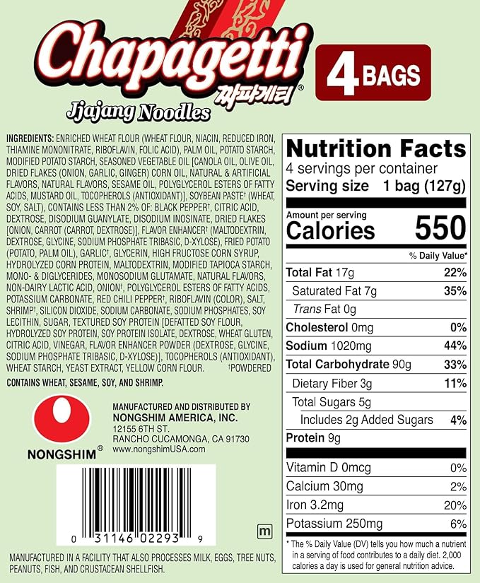 Nongshim Ramen Noodles, Gourmet Instant Ramen, Premium Microwavable Noodle, Chapagetti, 4.5 Ounce (Pack of 4)