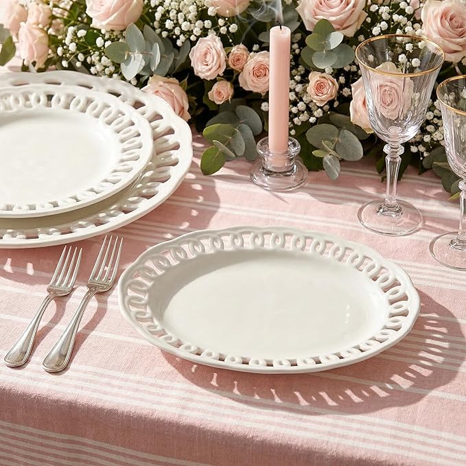 4 Pack Small Lace Serving Plates, 8" x 6" Oval Ceramic Dinner Plates for Dessert Appetizer Salad Bread Fruit Snack, Cute Side Dishes Set of 4 to Home Kitchen Party & Gift, Microwave & Dishwasher Safe