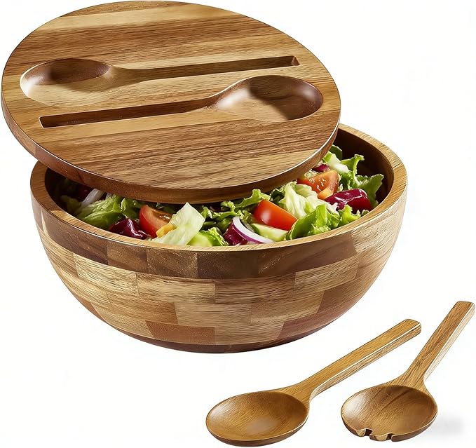 Wooden Salad Bowl, Salad Bowls, 11.8" Large Salad Bowl with Serving Utensils, Big Wood Serving Bowls for Food, Fruits, Salad, Cereal, Corn flake, Pasta