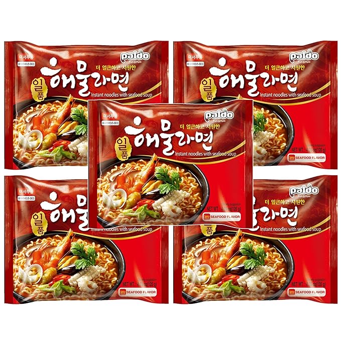 Paldo Fun & Yum Il Poom Seafood Instant Noodles with Spicy Seafood Based Broth, Best Oriental Style, Original Korean Ramyun, Spicy Ramen Challenge, K-Food, 일품 해물라면 120g (4.23 oz) x 5 Pack