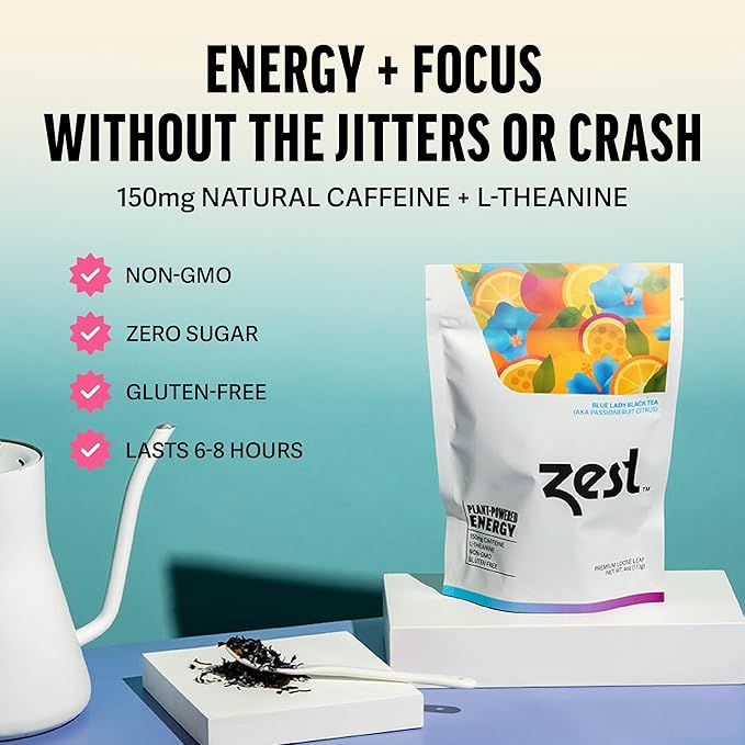 Zest Energy Black Tea - Blue Lady Loose Leaf Blend - High Caffeine Passion Fruit - Caffeinated Coffee Altnernative/Substitute - Natural, Non-GMO & Keto Friendly - Hot or Iced - 50 Servings - 150mg Caf