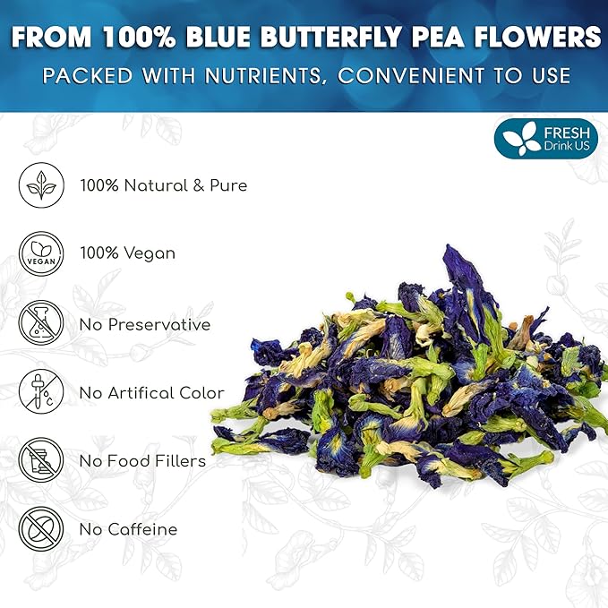 FreshDrinkUS, Premium 8oz Butterfly Pea Flowers, 100% Natural & Pure from Whole Butterfly Pea Flowers Leaves, Wildcrafted, Blue Butterfly Pea Flowers Loose Leaf Herbal Tea, No Gluten, Vegan